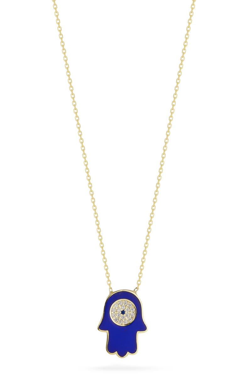 SPHERA MILANO 14K Gold Plated Cubic Zirconia Enamel Hamsa Pendant Necklace, Main, color, Gold