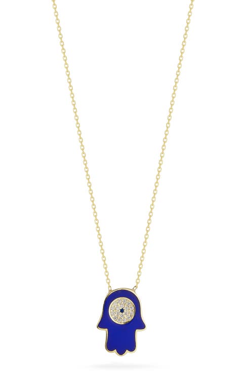 14K Gold Plated Cubic Zirconia Enamel Hamsa Pendant Necklace
