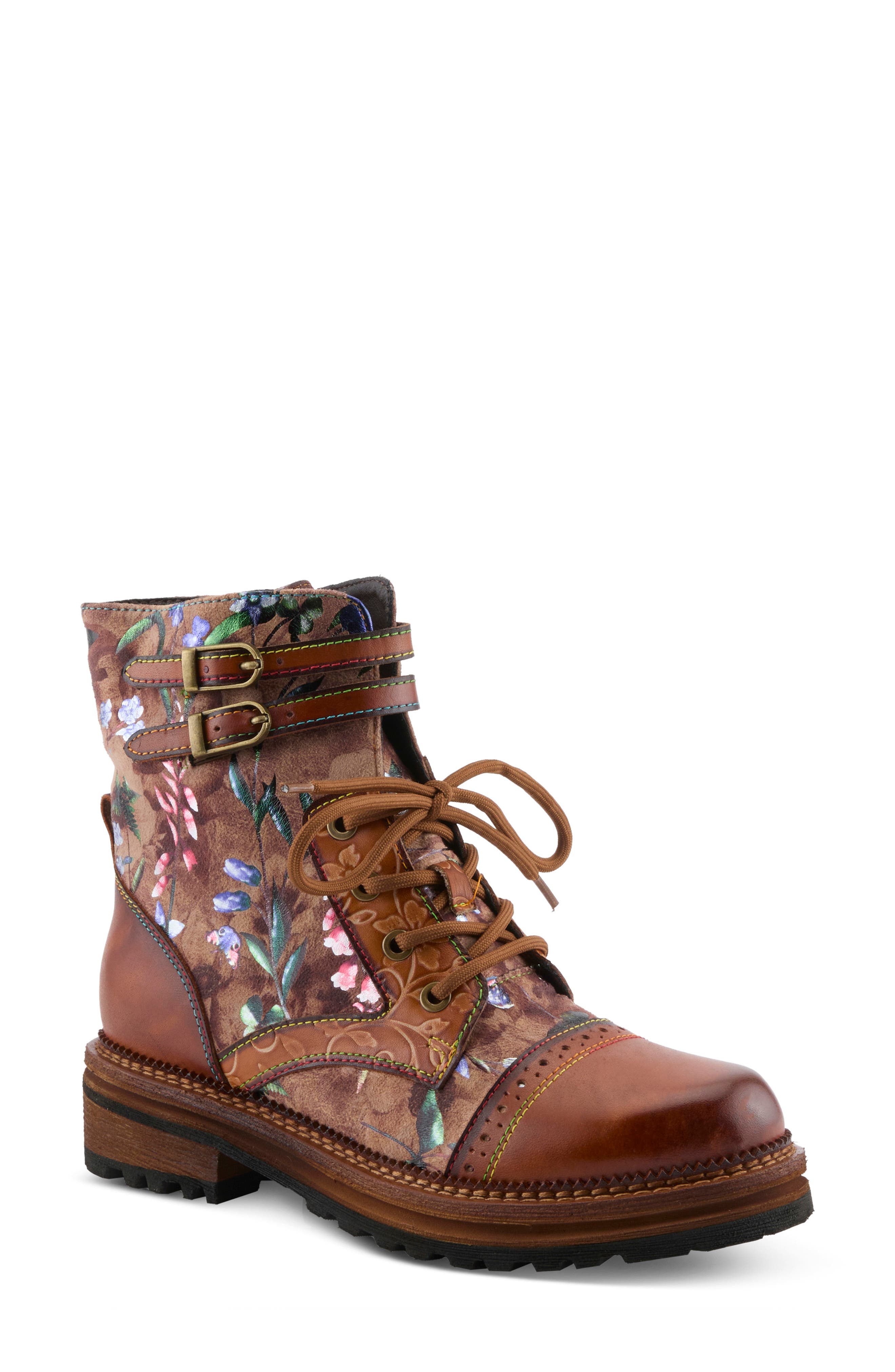 All The Way Floral Lace-Up Bootie, Main, color, CAMEL MULTI