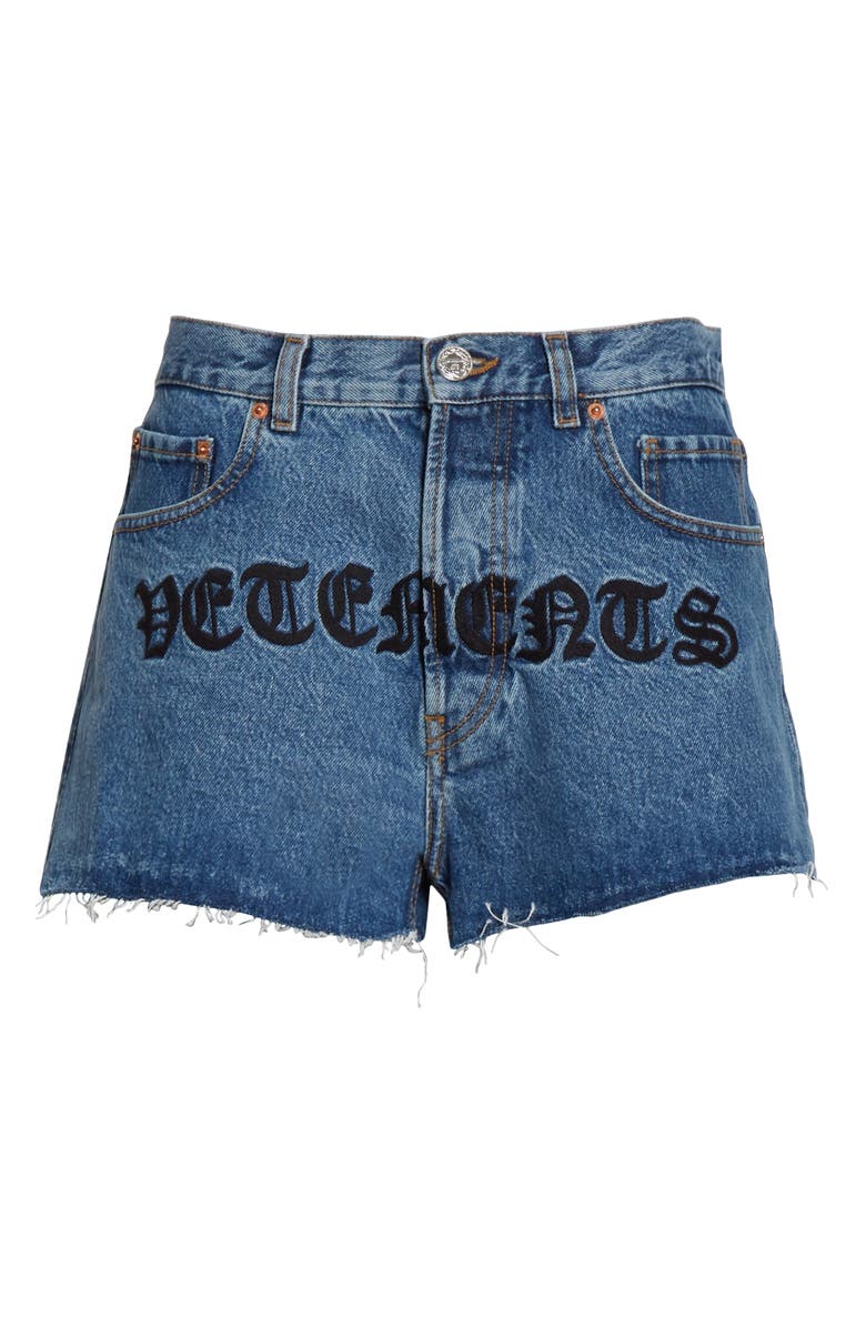 VETEMENTS Gothic Logo Denim Shorts, Alternate, color,