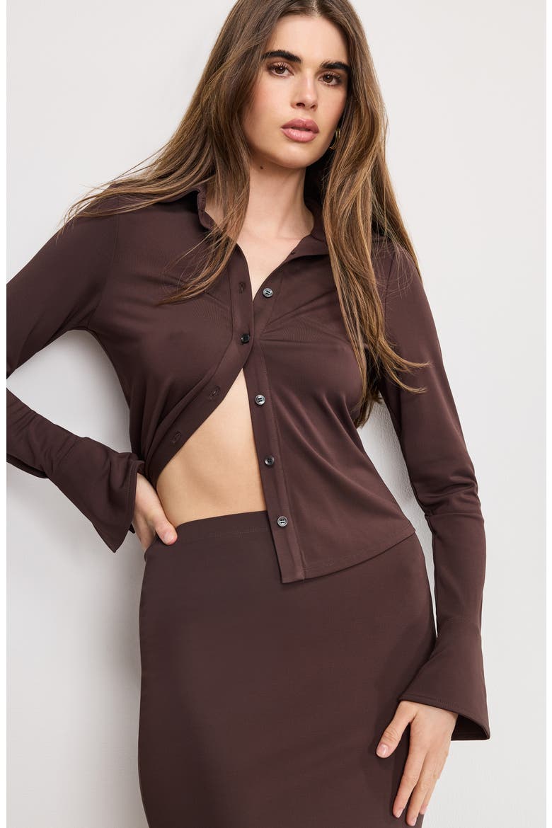Flare Cuff Jersey Matte Button-Up Shirt, Alternate, color, BARK003