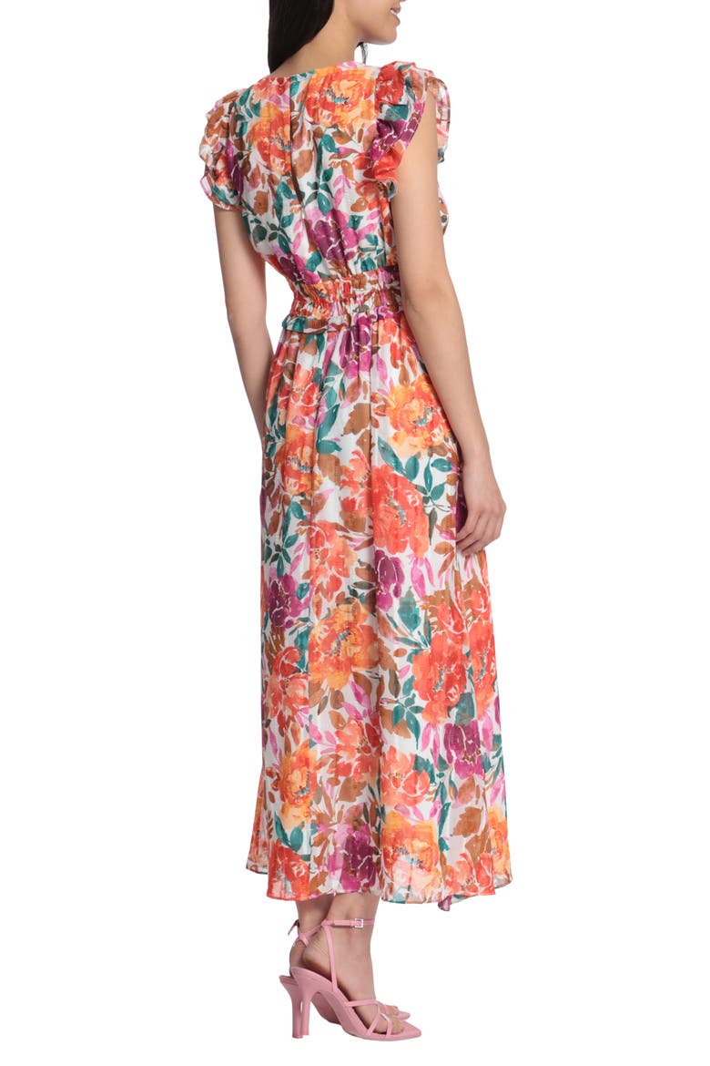 Floral Print Ruffle Smocked Maxi Dress, Alternate, color, SOFT WHITE/ CORAL
