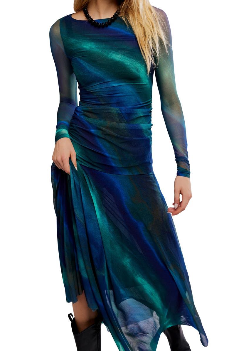 Free People Sunnei Long Sleeve Mesh Dress, Alternate, color, Deep Ocean Combo