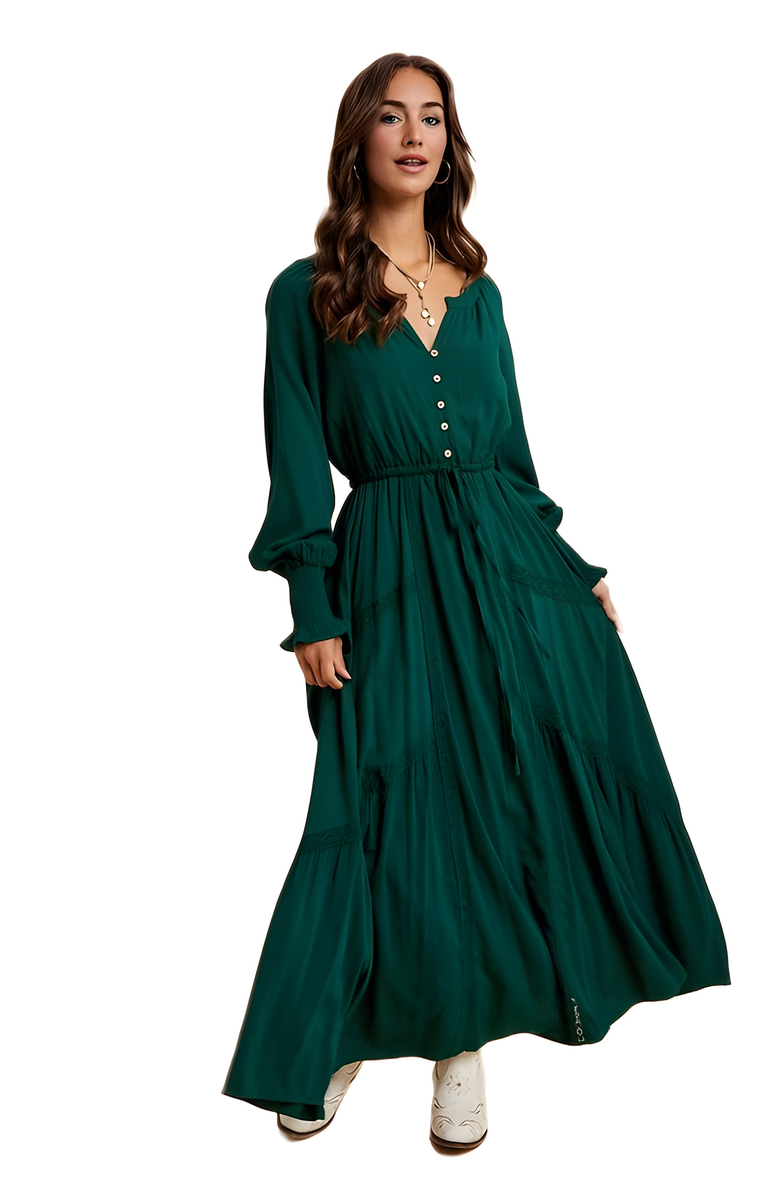 Knit and Lounge Long Sleeve Front Button Waist Tie Maxi Dress, Alternate, color, Emerald