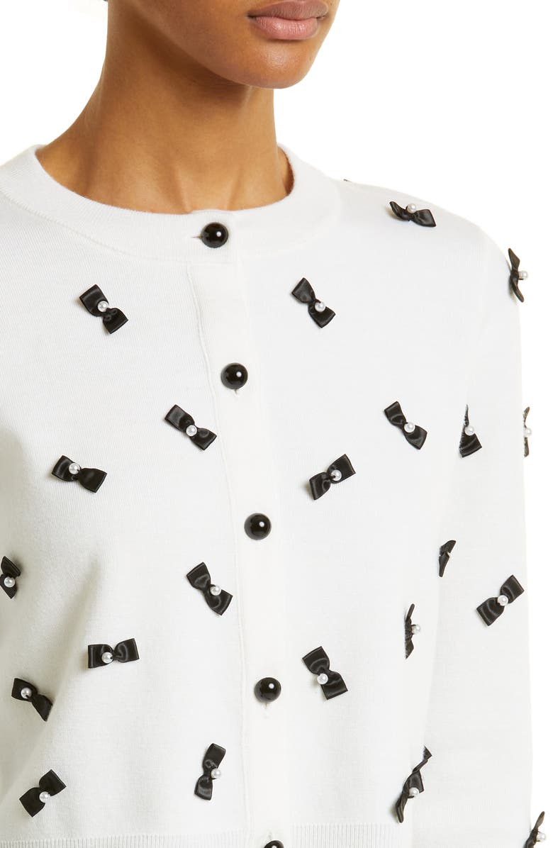 Alice + Olivia Daroda Bow Appliqué Stretch Wool Crop Cardigan, Alternate, color, 