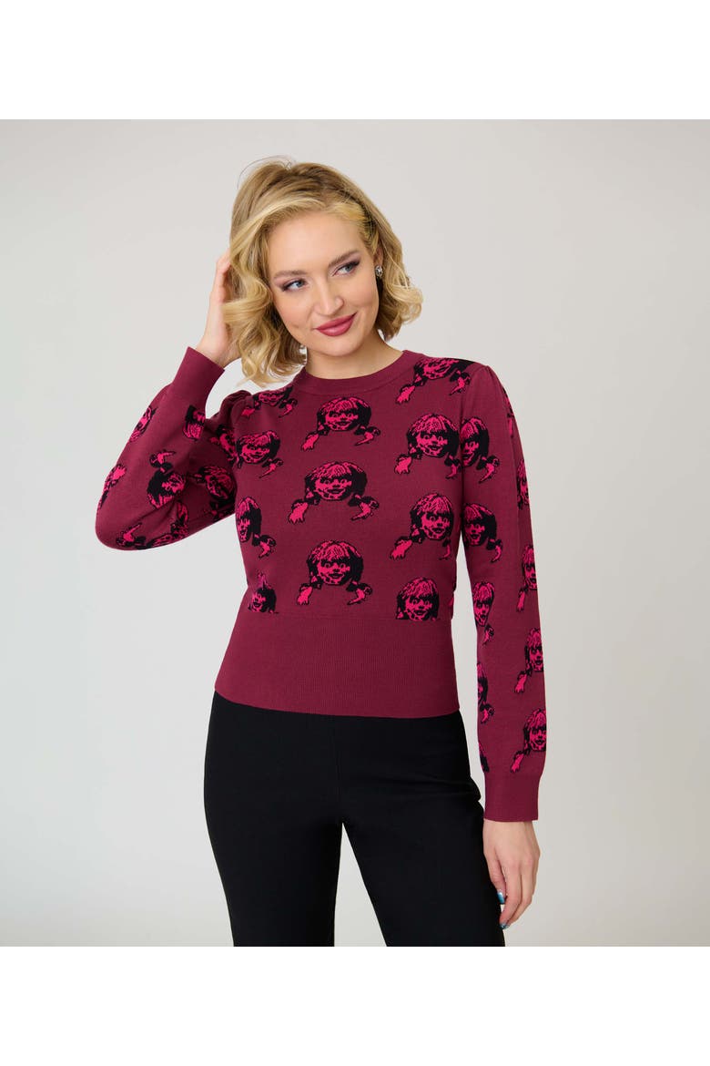 Embroidered Long Sleeve Sweater, Main, color, Red Annabelle Doll Print
