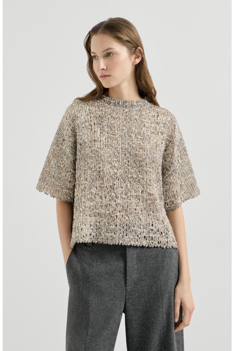 Dazzling craquelé embroidery t-shirt in mohair and wool, Main, color, Silver