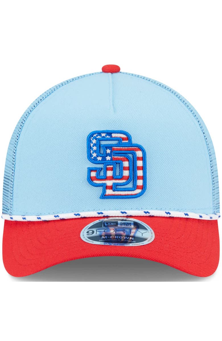 New Era Men's New Era Light Blue/Red San Diego Padres 2025 Fourth of July 9FORTY A-Frame M-Crown Adjustable Trucker Hat, Alternate, color, 