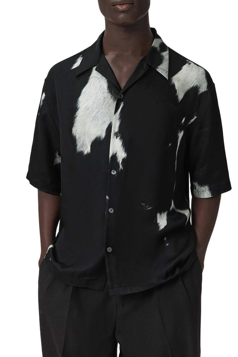 Templar Print Short Sleeve Button-Up Shirt, Main, color, BLACK