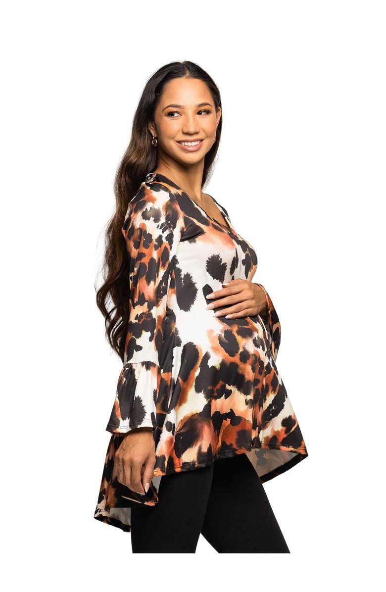 24seven Comfort Apparel Scoop Neck Bell Sleeve Tunic Top Animal Print, Alternate, color, Brown Multi