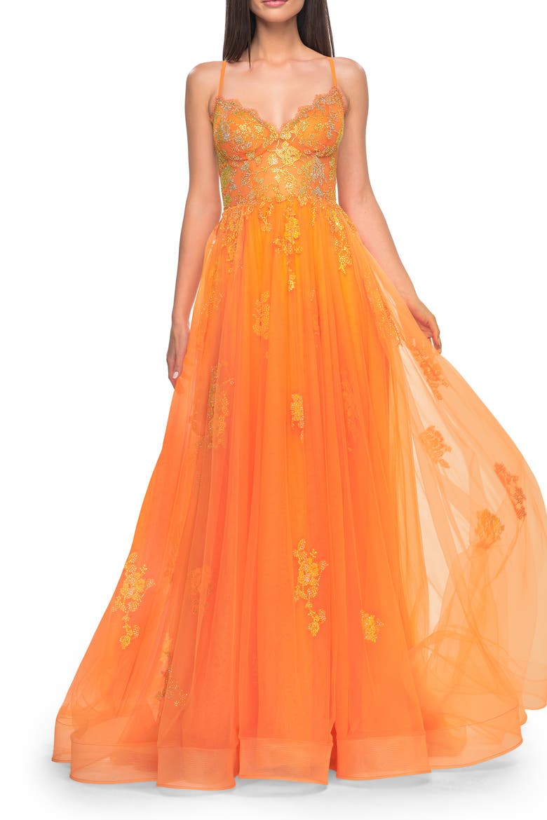 A-Line Tulle Gown with Scallop Detail Bodice and Lace Applique, Main, color, Orange