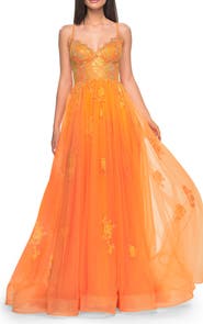 La Femme A-Line Tulle Gown with Scallop Detail Bodice and Lace Applique