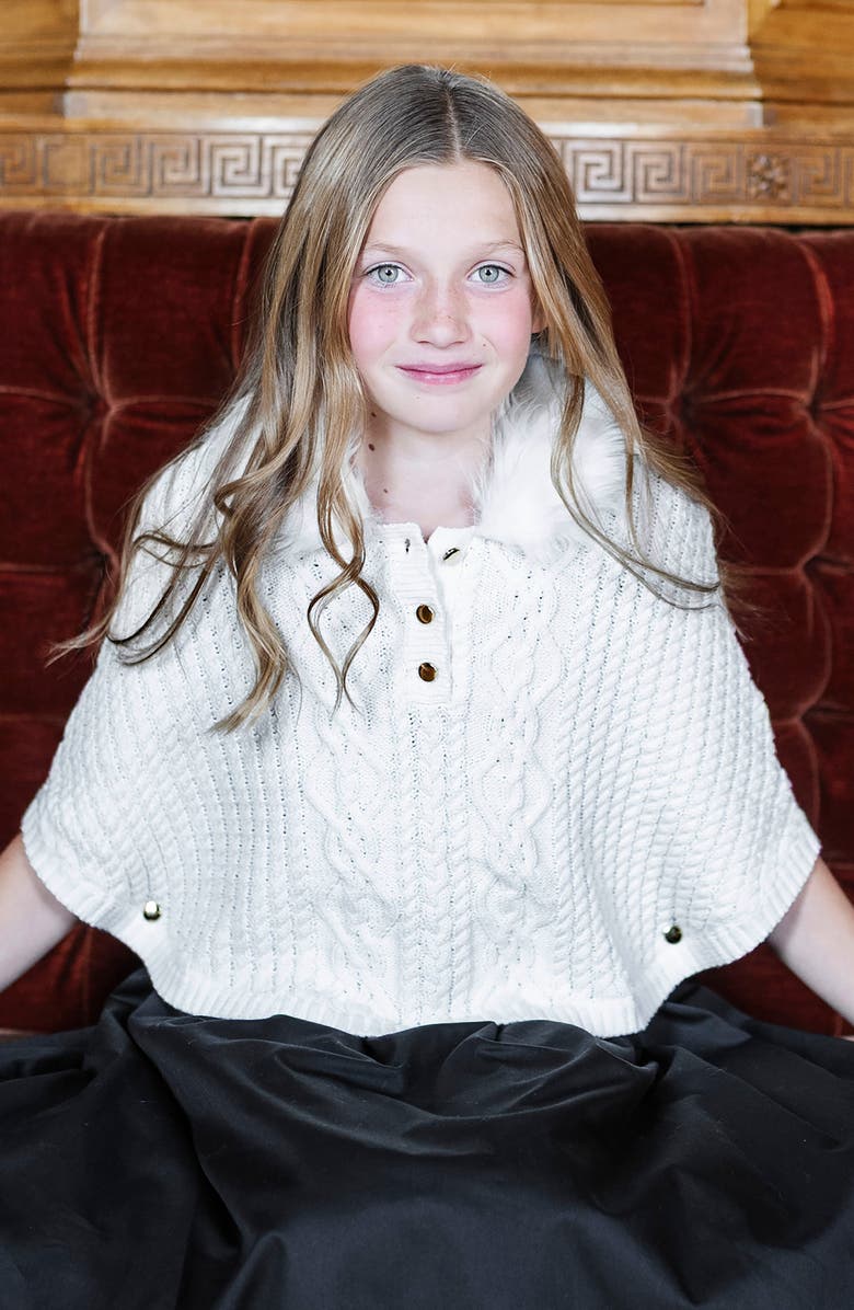 Hope & Henry Kids' Organic Cable Sweater Cape with Faux Fur, Alternate, color, Soft White Cable