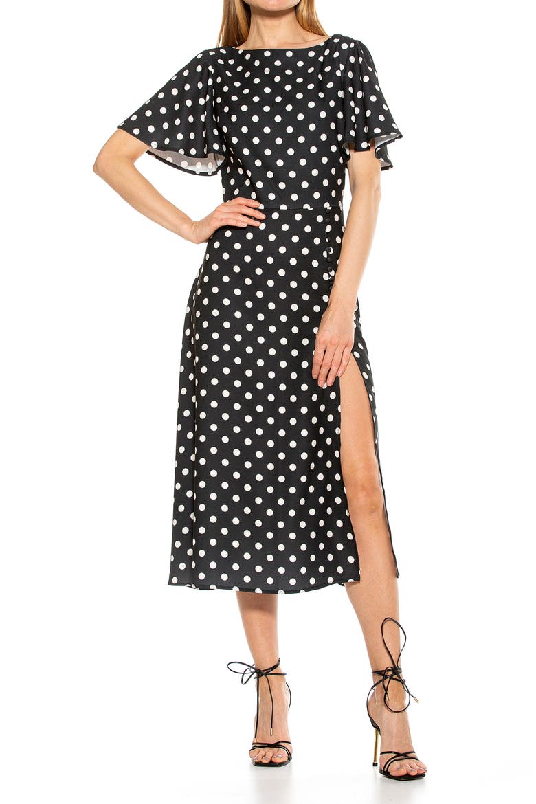 Boatneck Flutter Sleeve Fit N Flare Dress, Alternate, color, BLK/ WHT POLKA DOTS