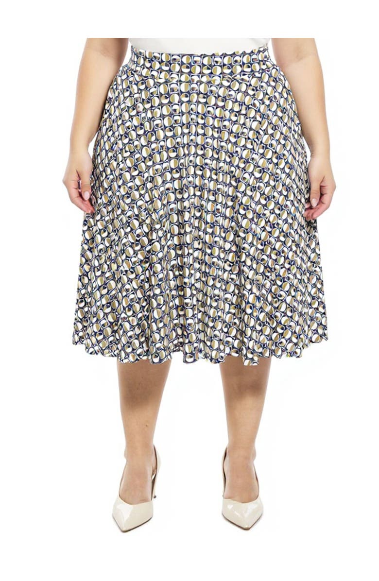 24seven Comfort Apparel Plus Size Geometric Elastic Waist Pocket A-Line Midi Skirt, Main, color, Green Multi