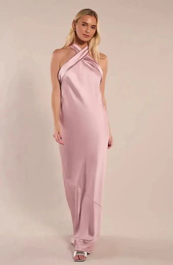 rewritten roma halterneck bridesmaid dress Roma Bridesmaid Dress in Champagne Satin main image 1