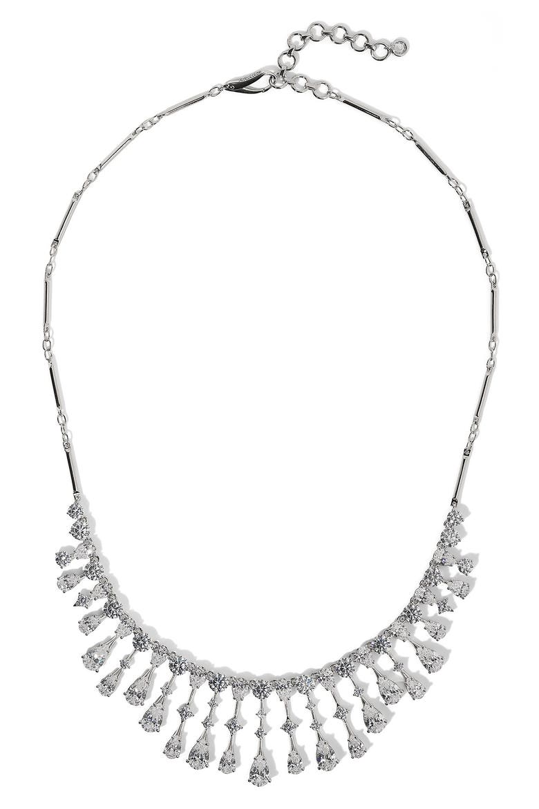 Hera Fringe Cubic Zirconia Frontal Necklace, Main, color, RHODIUM