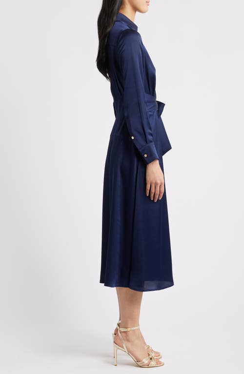 Tahari Asl Long Sleeve Hammered Satin Wrap Front Shirtdress In Spring Navy
