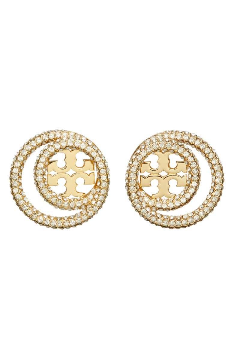 Tory Burch Miller Pavé Crystal Circle Logo Stud Earrings, Main, color, Tory Gold / Crystal