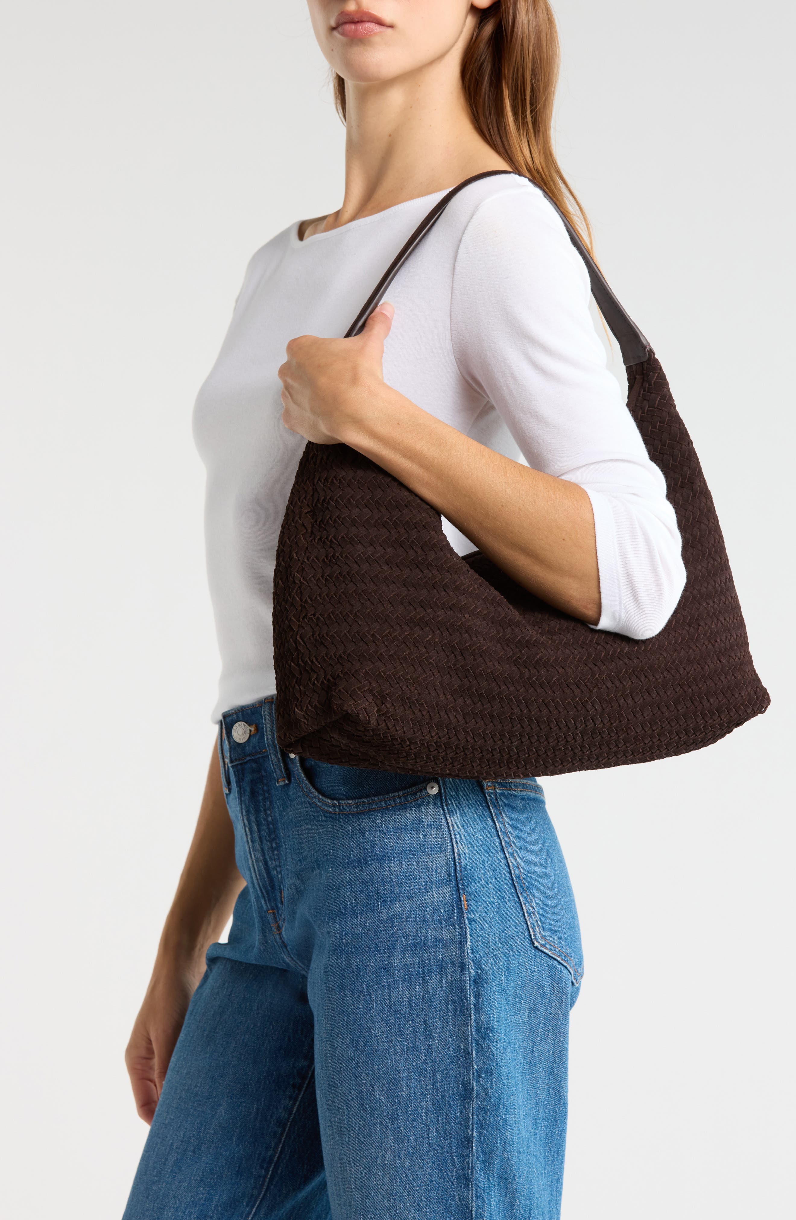 Madewell The Mylie Woven Suede Shoulder Bag, Alternate, color, Dark Carob