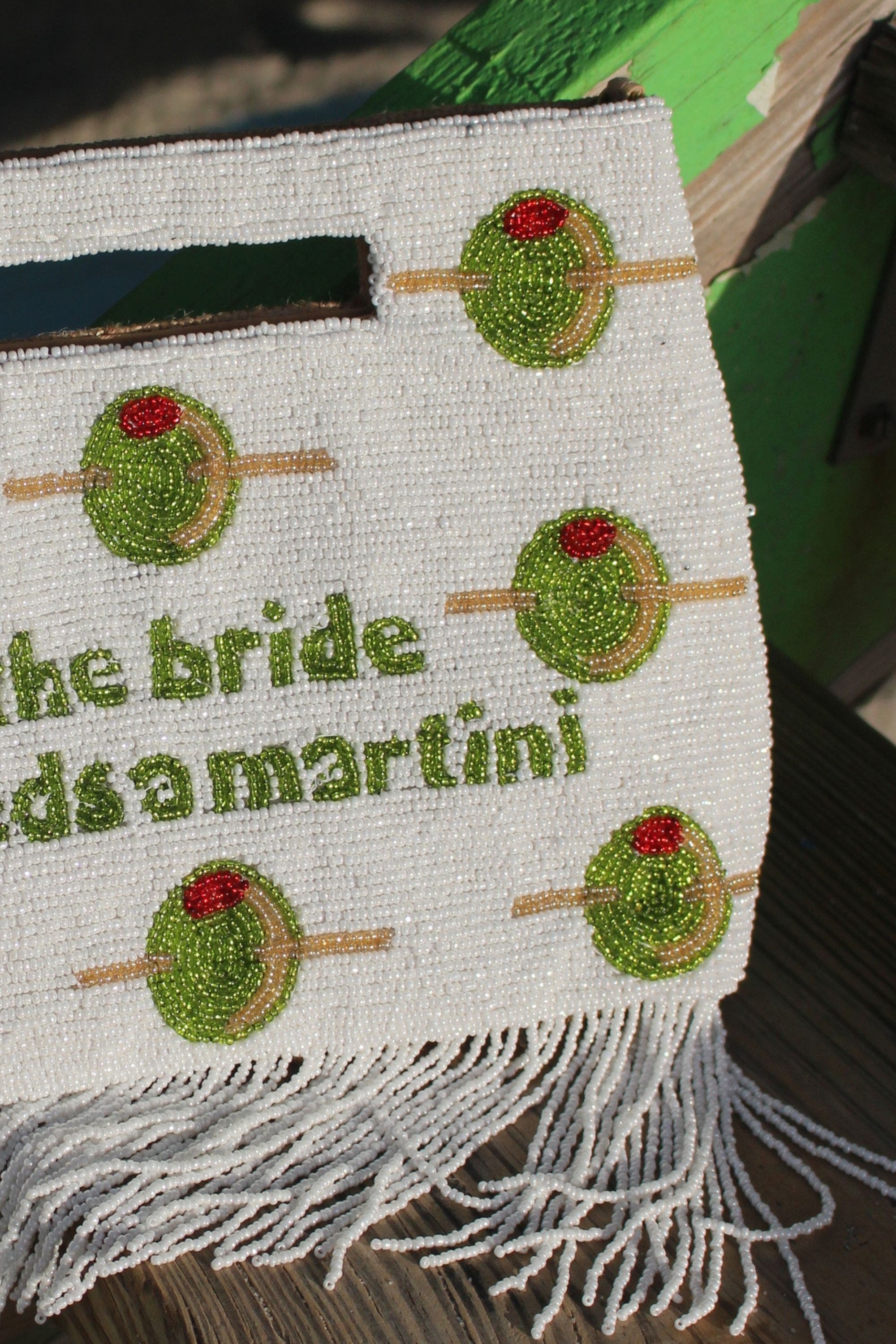 Island to East Side The Bride Needs a Martini Handle Pouch, Fringe, Alternate, color, White