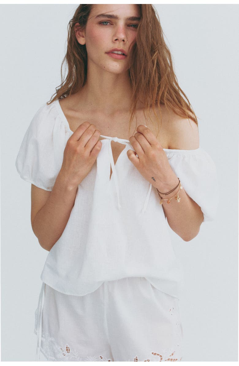H&M Puff-sleeved Linen-blend Blouse, Main, color, White