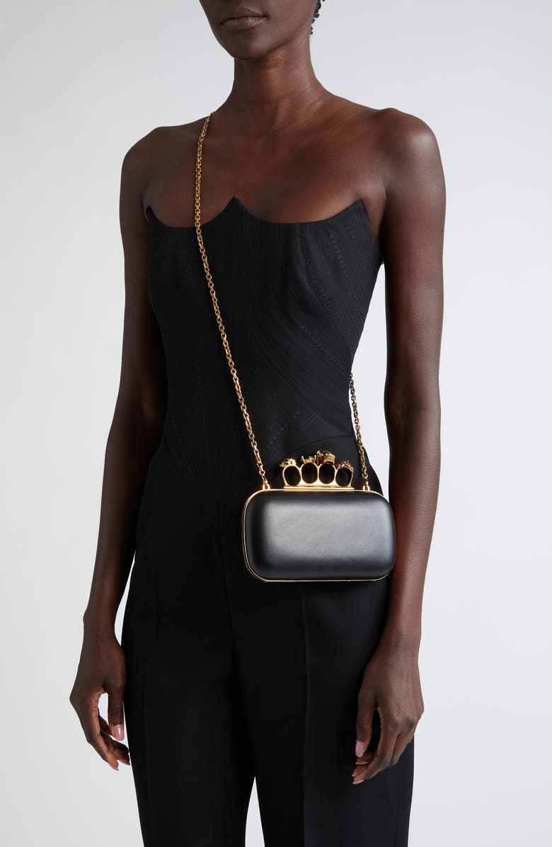 McQueen Skull Leather Knuckle Clutch, Alternate, color,