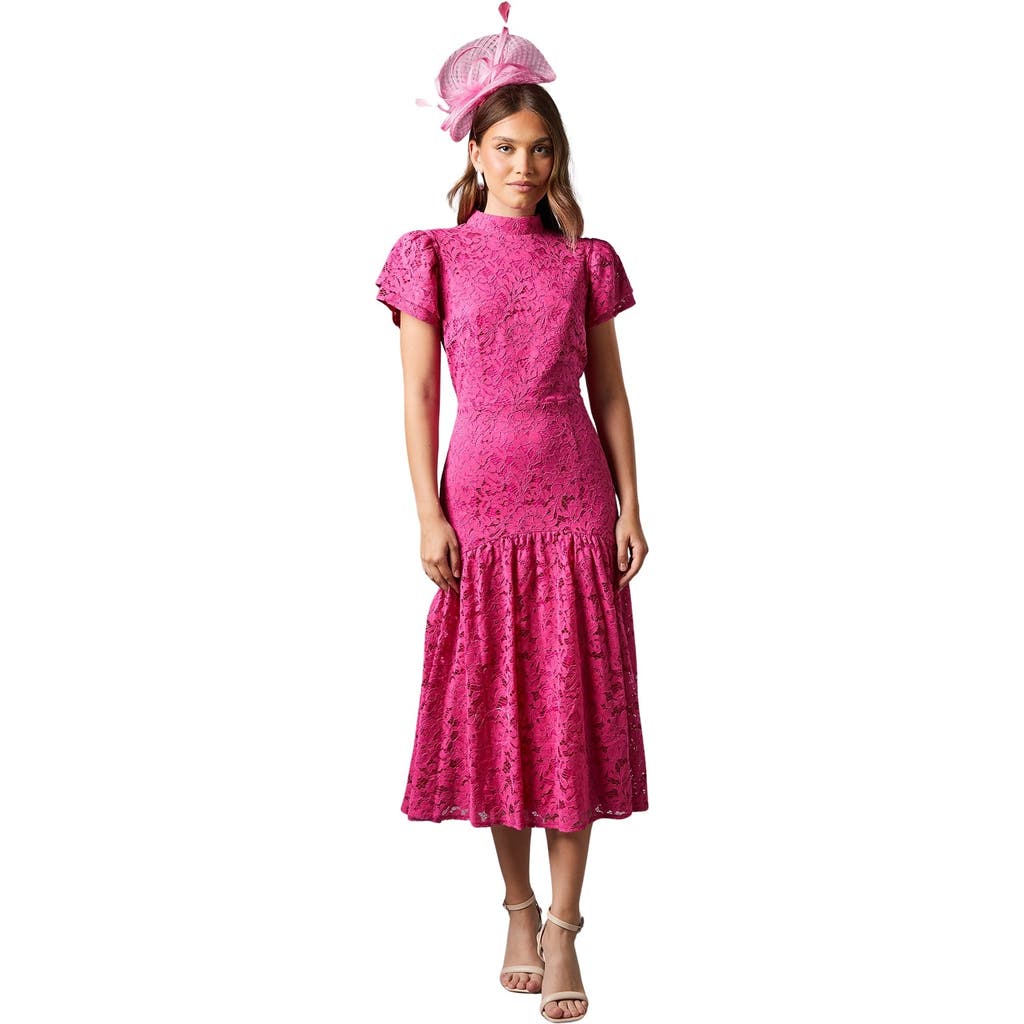 Coast Lace Frill Sleeve High Neck Midi Dress In Pink