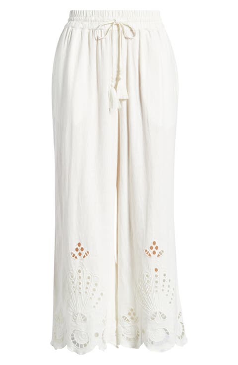 Cutwork Hem Linen Blend Pull-On Pants