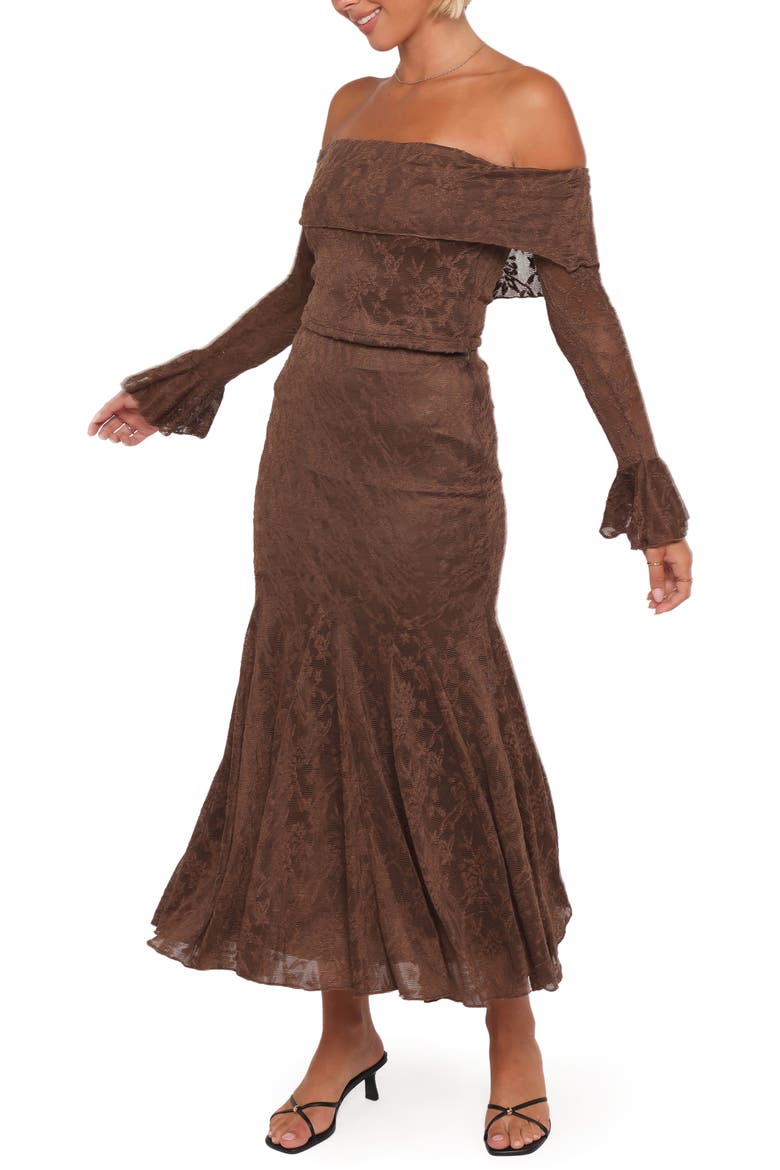 Bromley Lace Off the Shoulder Top & Maxi Skirt Set, Alternate, color, BROWN