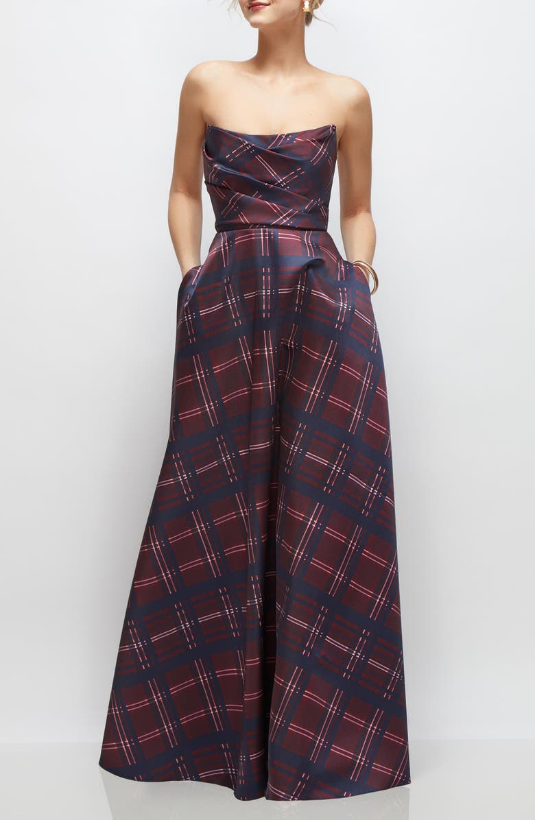 Dessy Collection Tartan Strapless Gown, Main, color, Cabernet Midnight
