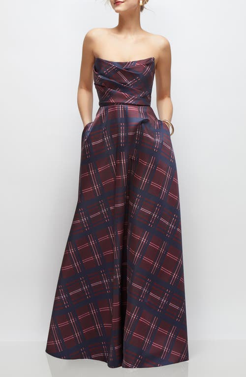 Dessy Collection Tartan Strapless Gown In Red