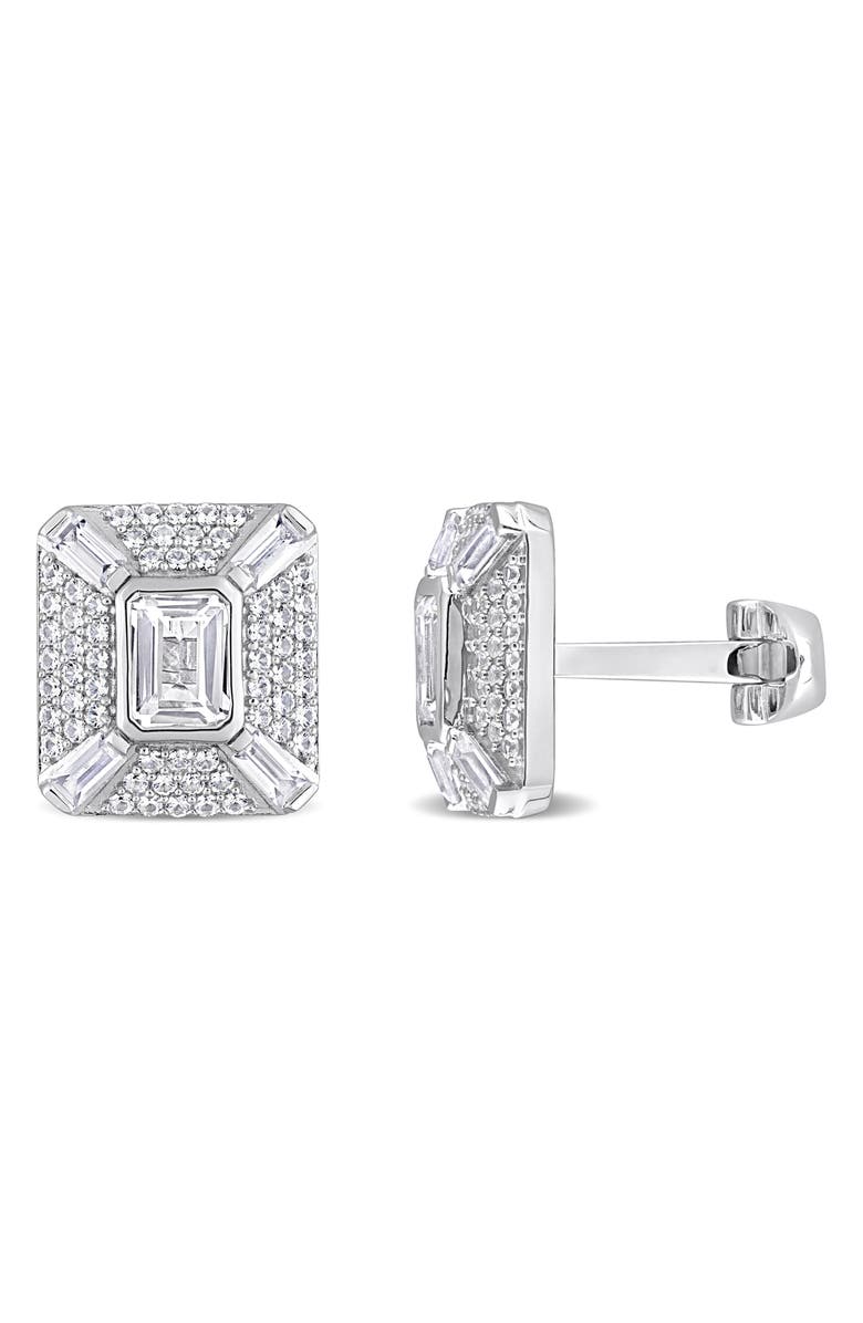 DELMAR Octagon Baguette Lab Created White Sapphire Cuff Links, Main, color, Silver