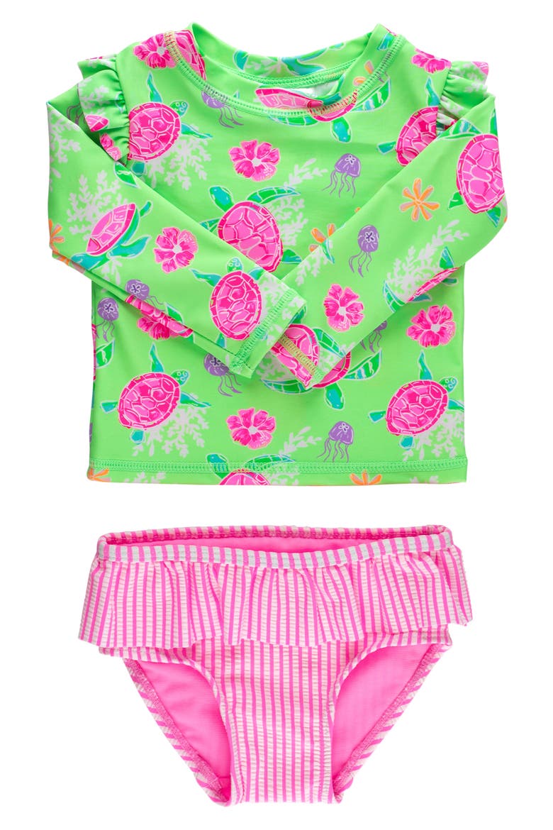 Kids' Long Sleeve Ruffle Hem Two-Piece Rashguard Swimsuit, Main, color, GREEN