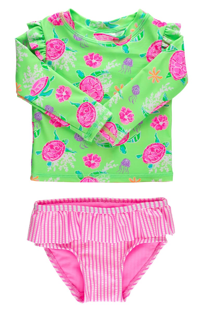 RuffleButts Kids' Long Sleeve Ruffle Hem Two-Piece Rashguard Swimsuit, Main, color, Green