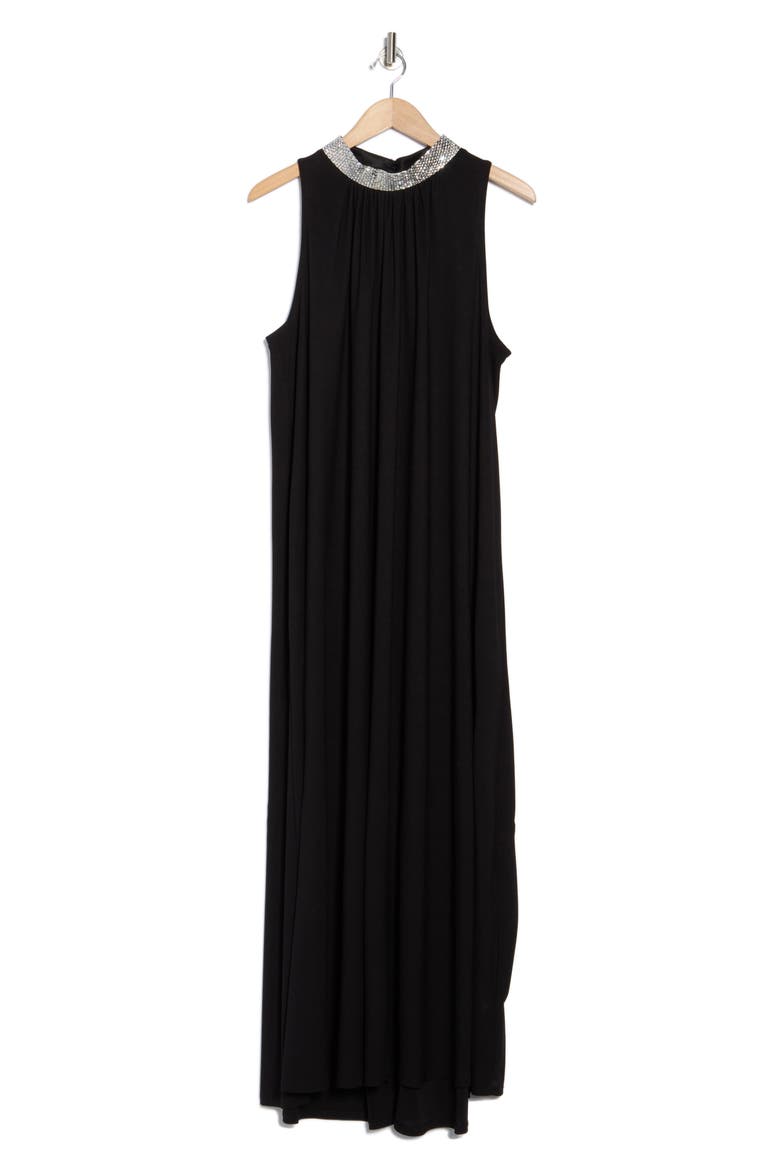 Embellished Mock Neck Jersey Maxi Dress, Alternate, color, BLACK