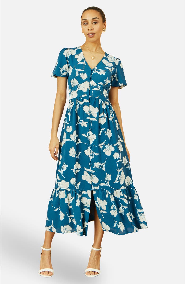 Yumi Floral Button Down Floral Midi Dress, Main, color, Teal