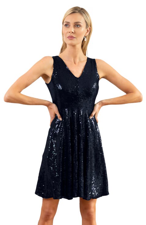 Sequin V Neck Fit and Flare Dress