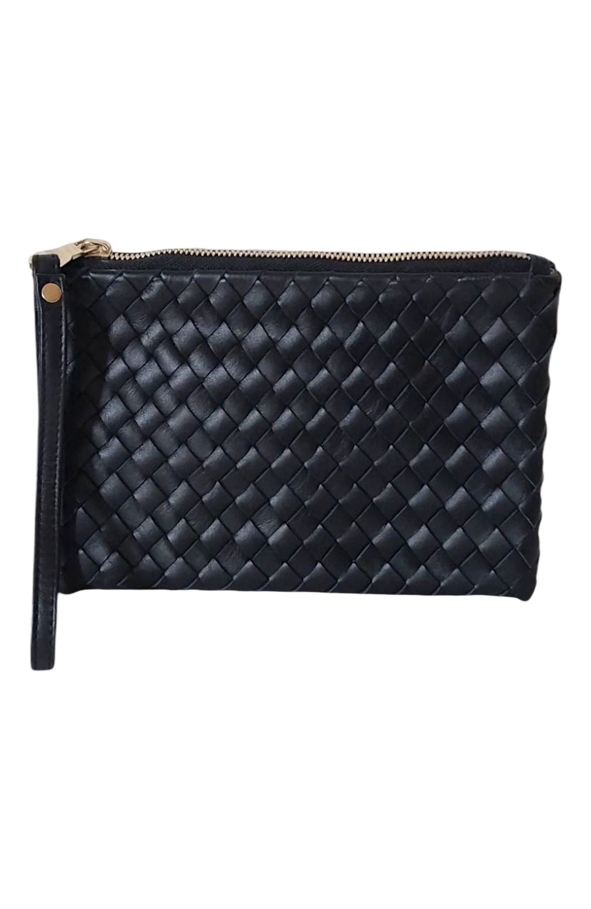 The Artisan & Company Woven Leather-Flat Zip Pouch, Main, color, Black