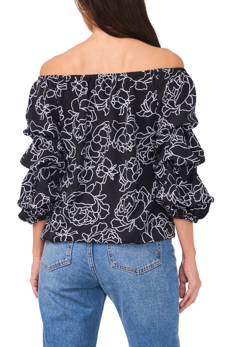 Floral Off the Shoulder Bubble Sleeve Top, Alternate, color, RICH BLACK