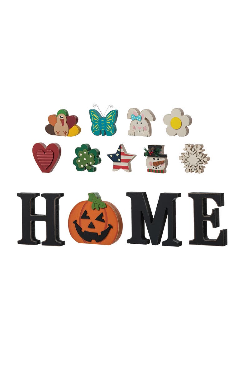 13-Pieces Wooden Interchangeable HOME Tabletop Sign with Seasonal Icons, Main, color, Black