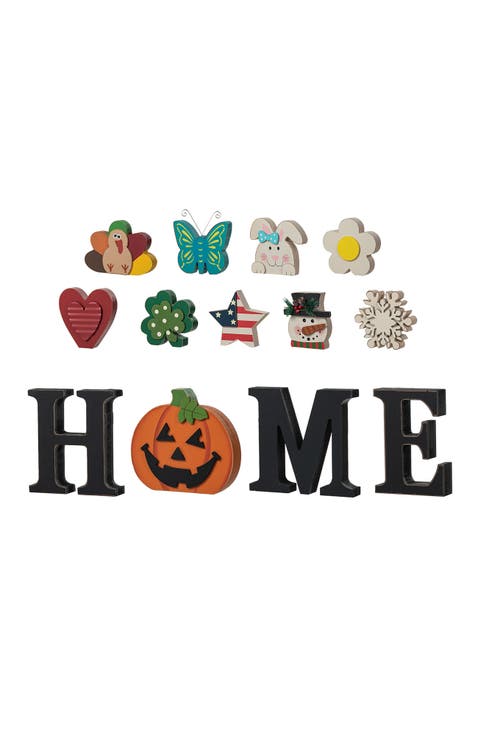 13-Pieces Wooden Interchangeable HOME Tabletop Sign with Seasonal Icons