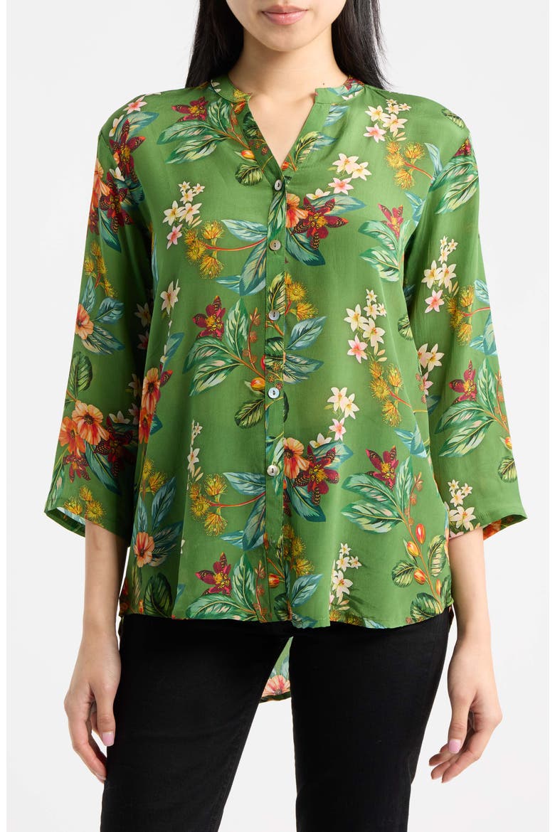 Mandarin Collar Button-Up Shirt, Main, color, FOREST/CORAL MULTI