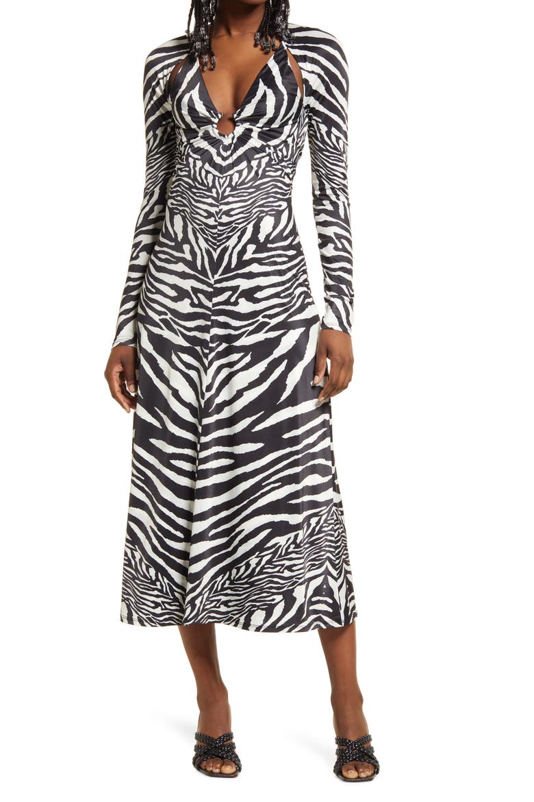 Meena Floral Long Sleeve Plunge Neck Dress, Main, color, BLANC ZEBRA