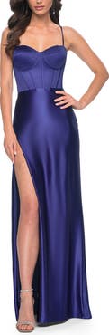 La Femme Stretch Satin Gown with Bustier Top and Lace Up Back