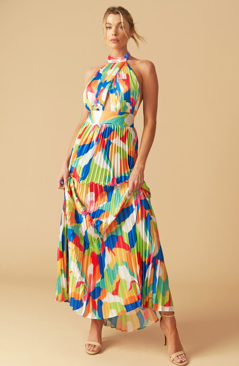 FLYING TOMATO Pleated Halter Neck Maxi Dress, Alternate, color, Green Orange