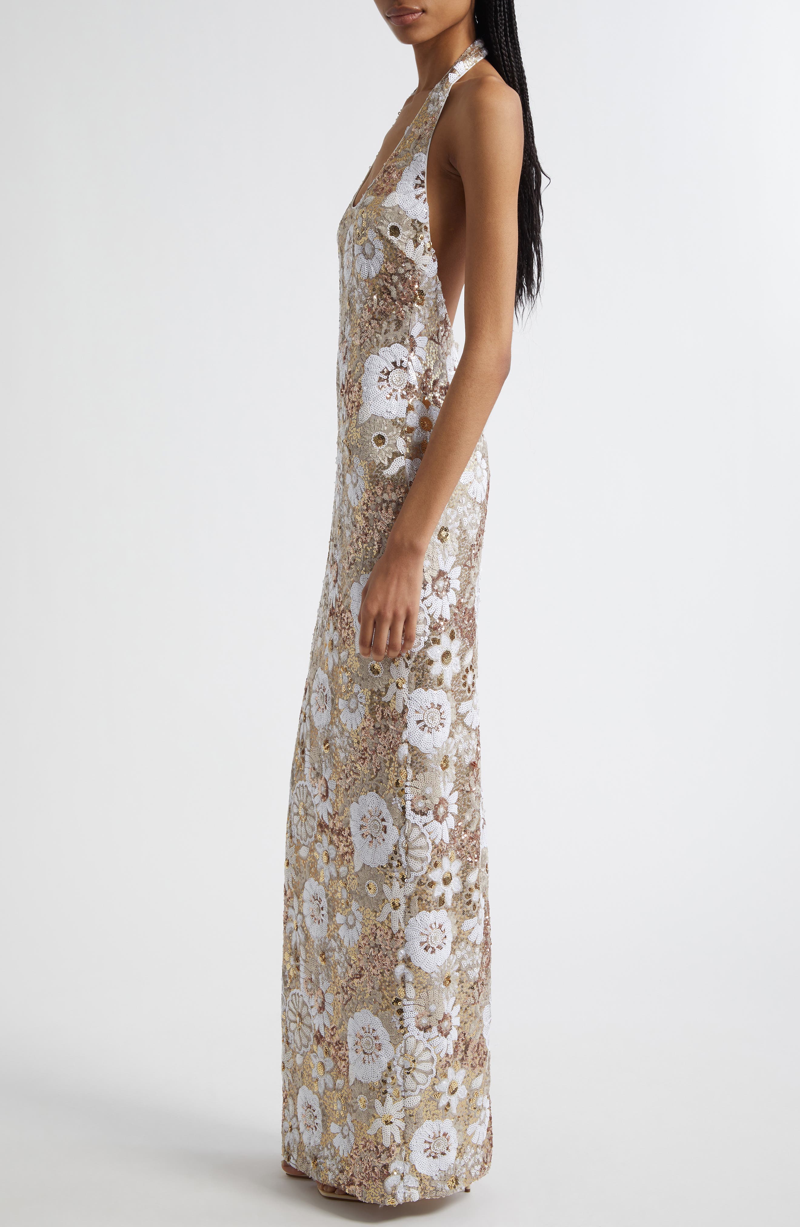 fishbone halter dress crushed flower dress Aveline Mesh Ruched Halter Midi Dress - FLORAL MESH