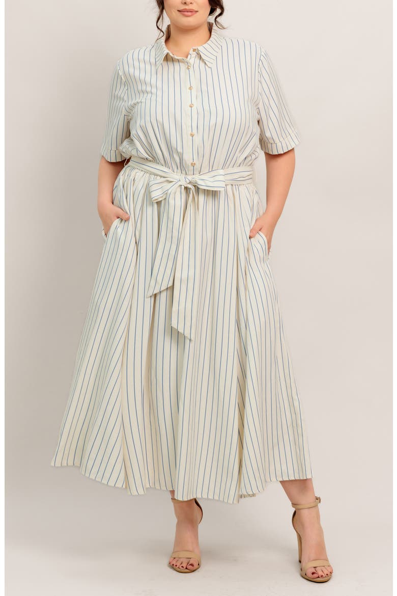 Stripe Tie Waist Midi Dress, Alternate, color, IVORY/ BLUE