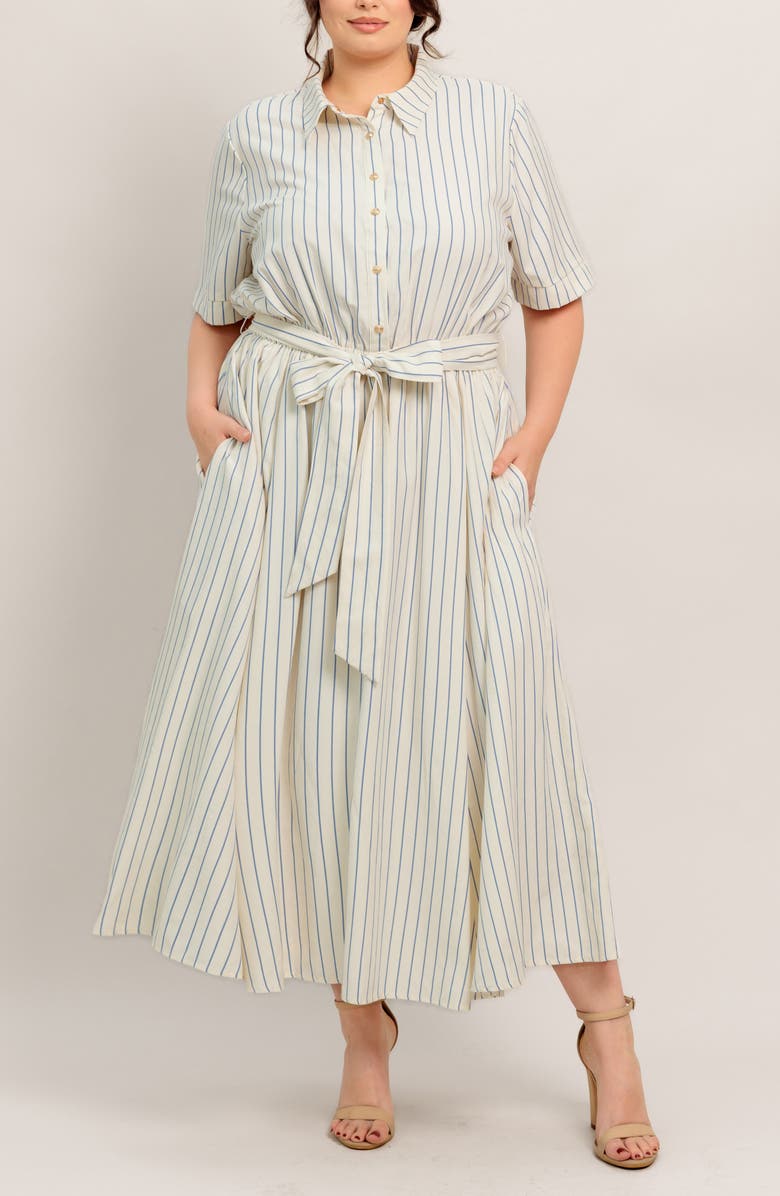 FLYING TOMATO Stripe Tie Waist Midi Dress, Alternate, color, Ivory/ Blue