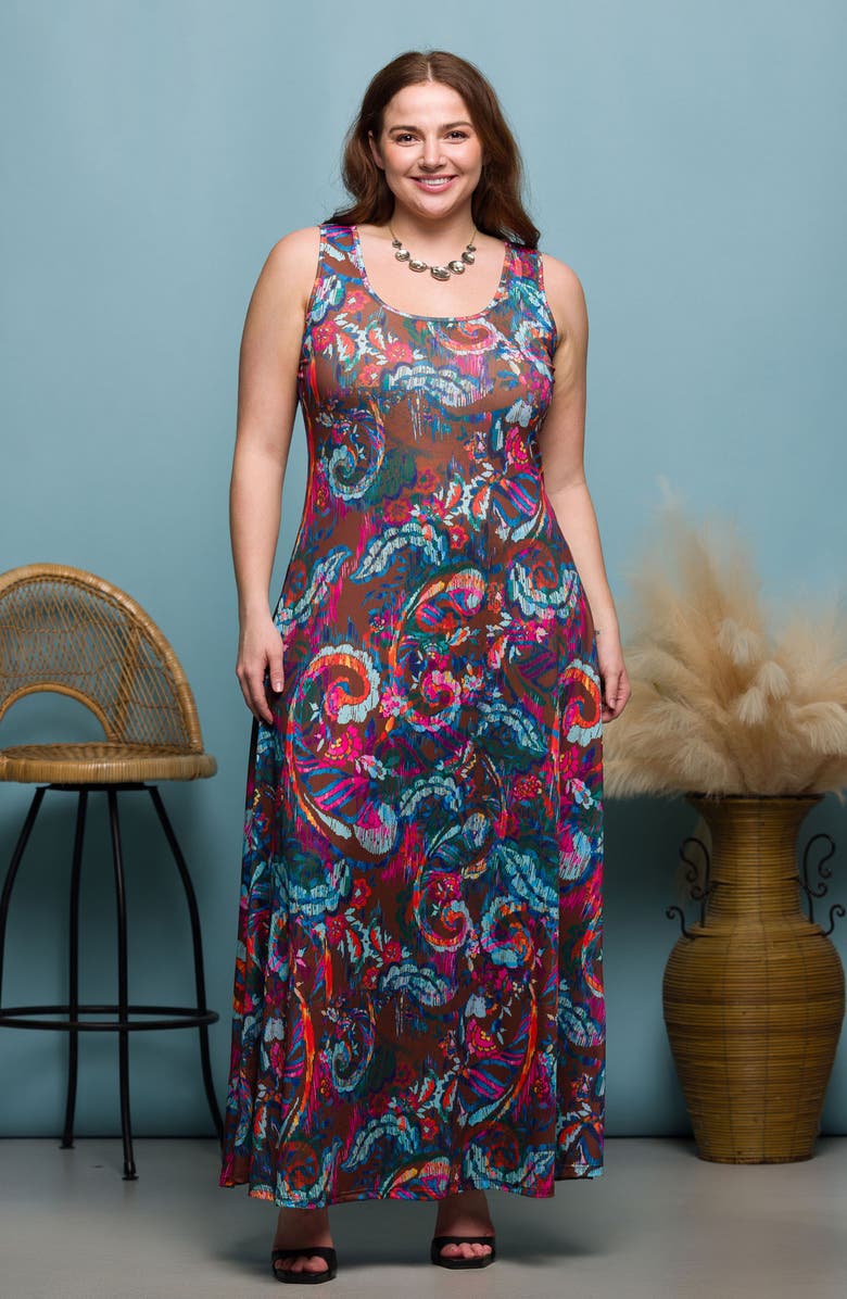 24seven Comfort Apparel Paisley Scoop Neck Knit Maxi Dress, Alternate, color, Brown Multi